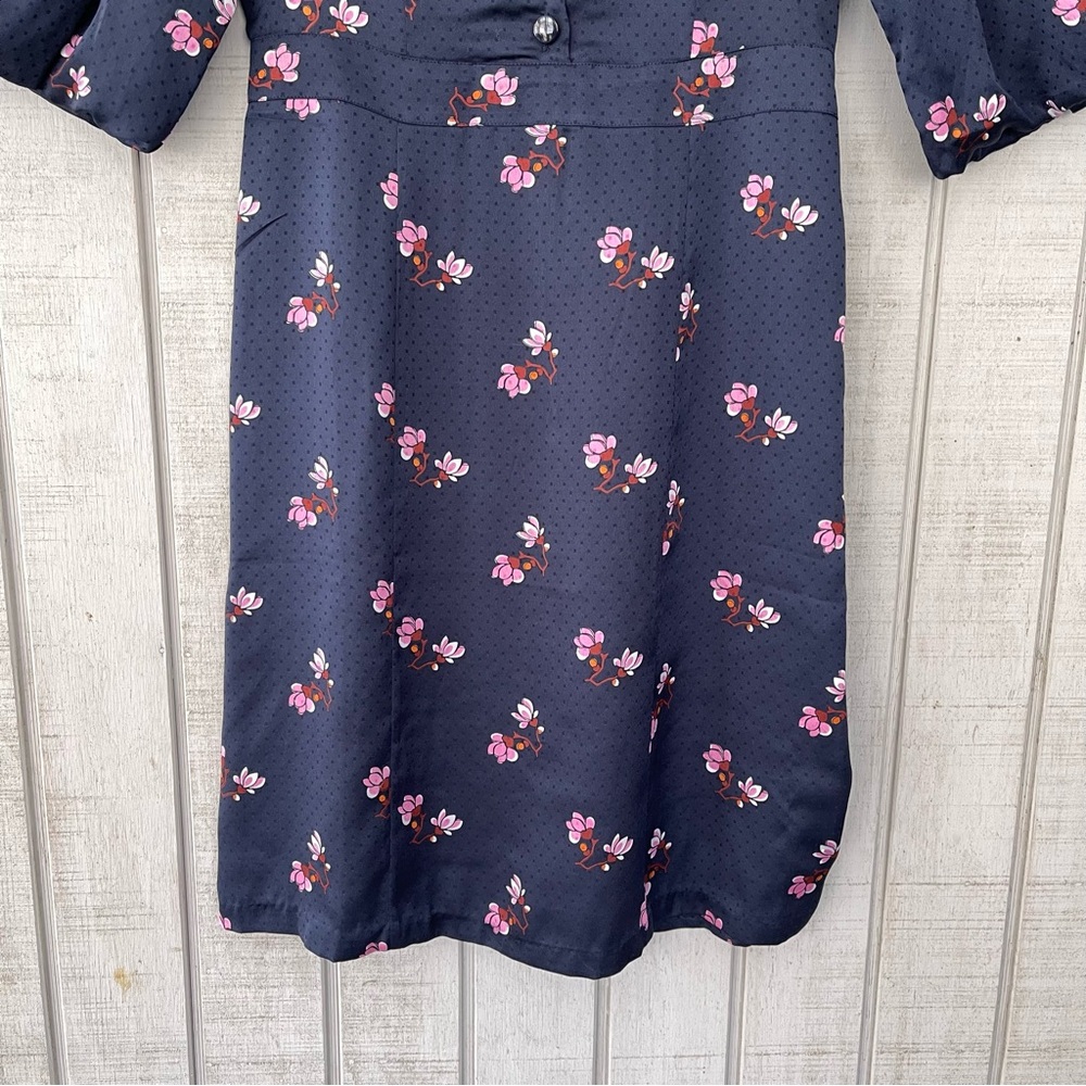Ann Taylor Navy Floral Polka Dot Midi Dress Puff Sleeve Button Front 2 - Picture 2 of 7